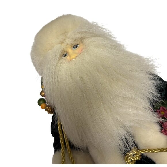 Santa Claus Figurine 16" Red Green Velvet Coat Faux Fur Trim Gold Sack Holiday - Picture 2 of 9